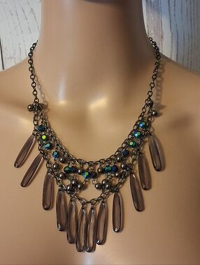 Paparazzi Statement Beaded Fringe Necklace - Blue and Smoky Brown Reversible